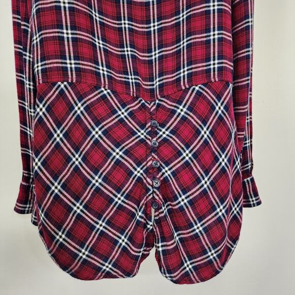 Beach Lunch Lounge Shirt Large Red Plaid Button Up Flannel Rayon Button Back - Picture 3 of 9